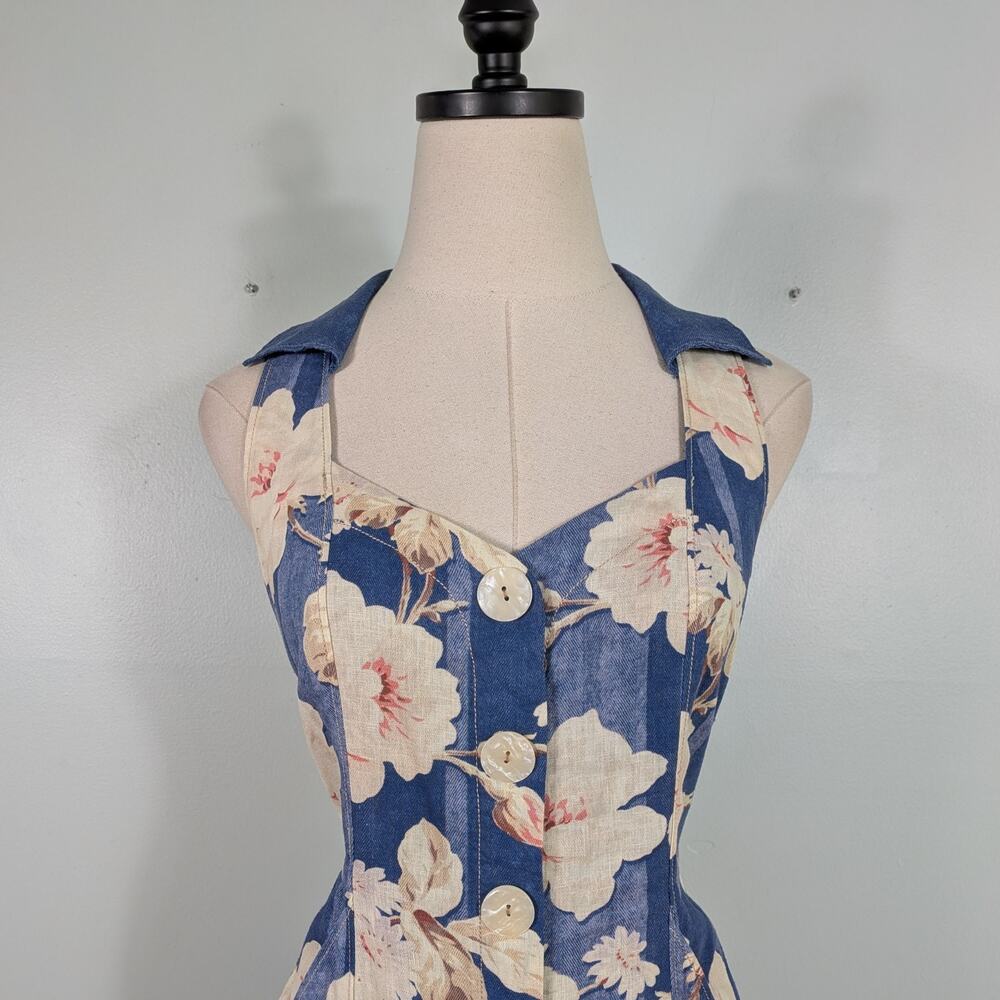 Anthropologie Camellia Dress 8 Blue Cream Floral Retro Button Church Summer - Picture 6 of 15